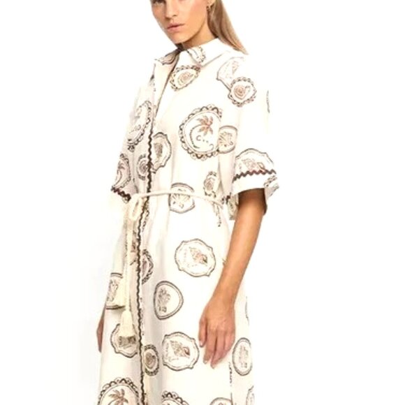 WOMENS SHORT SLEEVE MIDI DRESS LINEN AND POLETER BUTTON DOWN CIRCLE PRINT DRESS - Picture 3 of 6